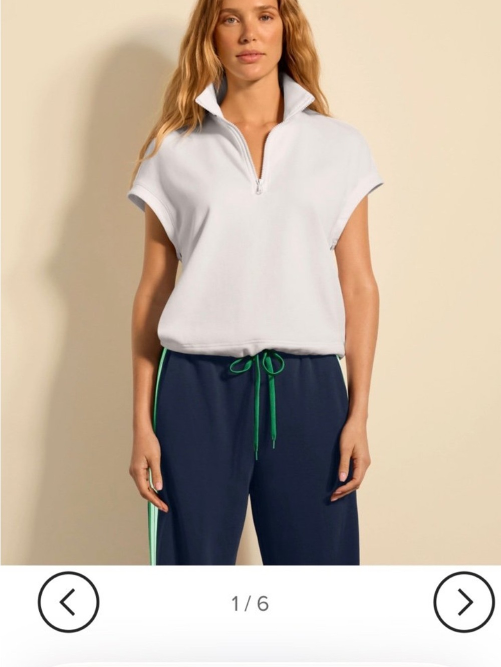 Cabi 2026 Trixie Top-Short Zip-Up Cap Sleeve in White with green stripe